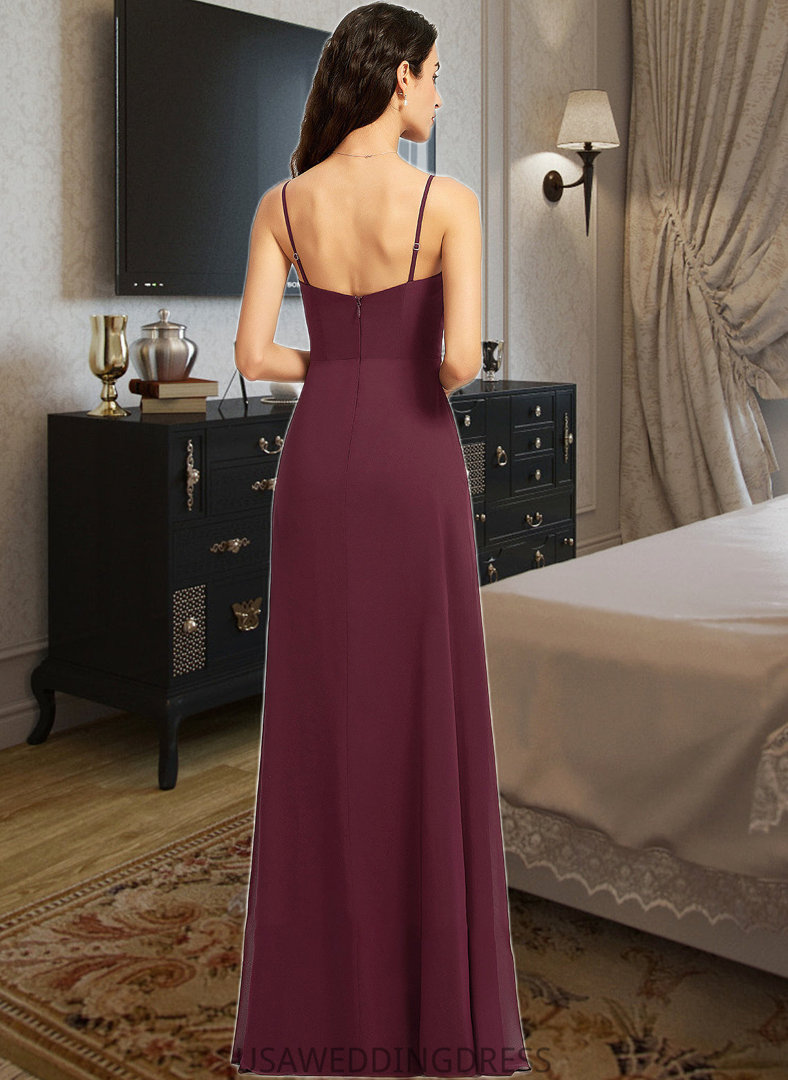 India Sheath/Column V-neck Floor-Length Bridesmaid Dress With Ruffle Split Front DSP0013247