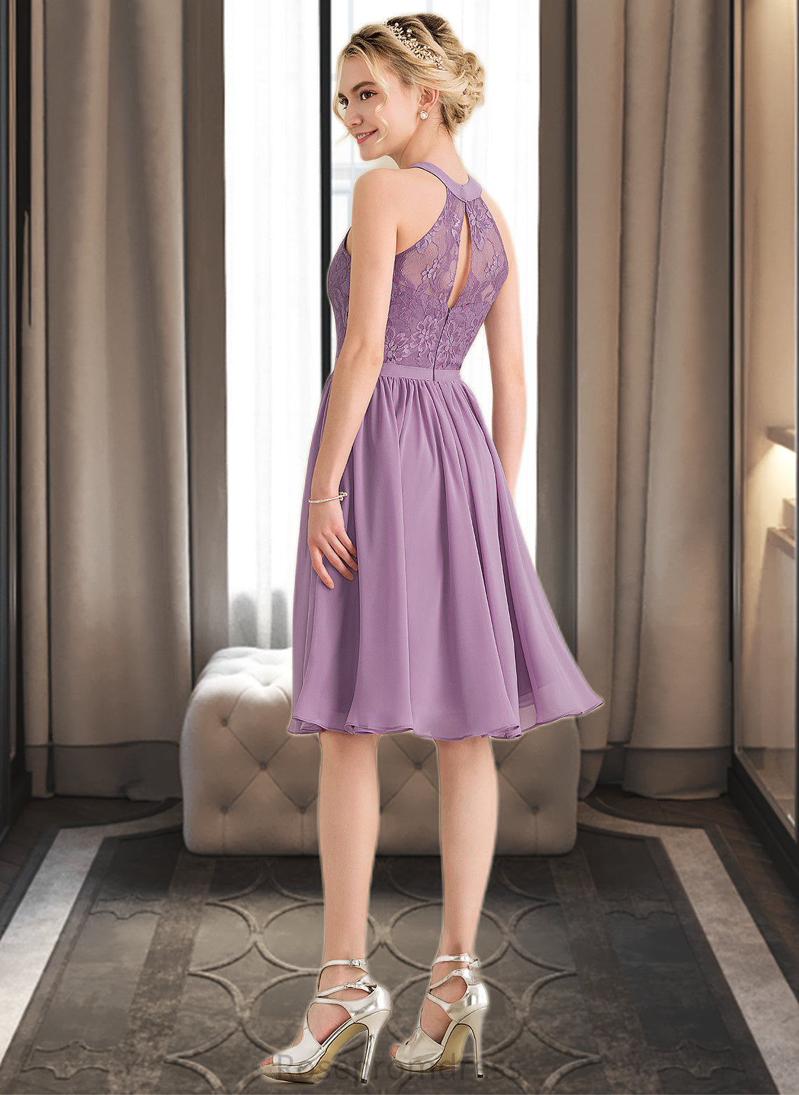 London A-Line Scoop Neck Knee-Length Chiffon Lace Bridesmaid Dress SRSP0013250