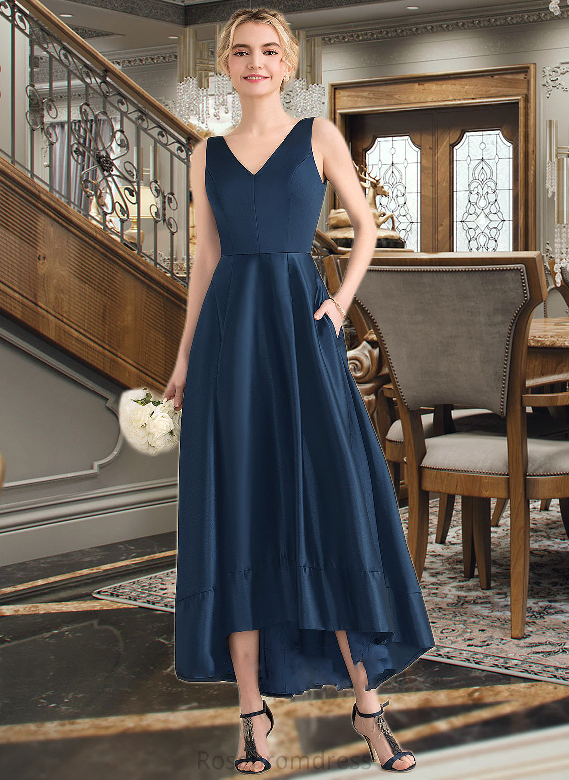 Robin Ball-Gown/Princess V-neck Asymmetrical Satin Bridesmaid Dress With Pockets SRSP0013251