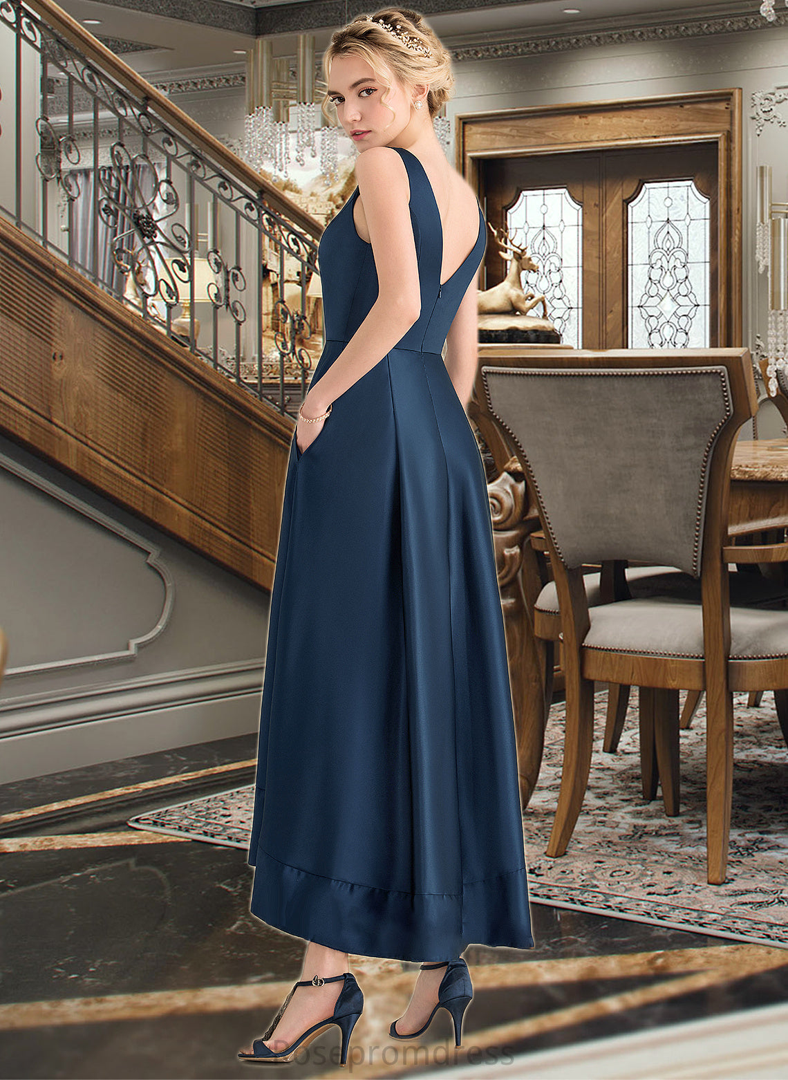 Robin Ball-Gown/Princess V-neck Asymmetrical Satin Bridesmaid Dress With Pockets SRSP0013251