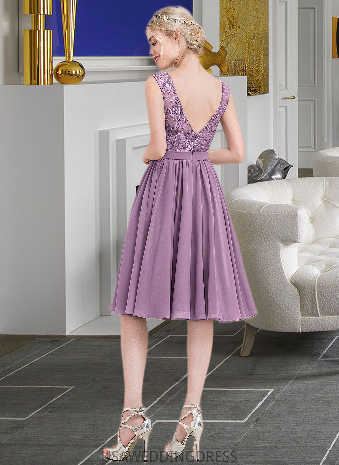 Erin A-Line Square Neckline Knee-Length Chiffon Lace Bridesmaid Dress DSP0013252