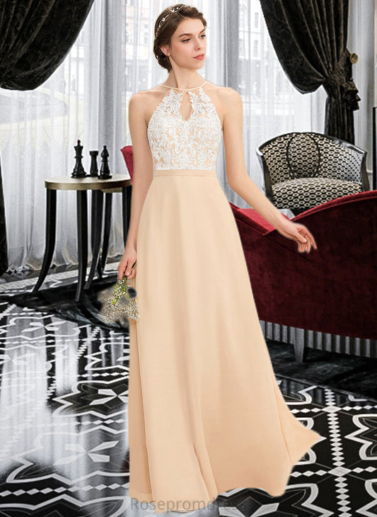 Nita A-Line Scoop Neck Floor-Length Chiffon Lace Bridesmaid Dress With Bow(s) SRSP0013259