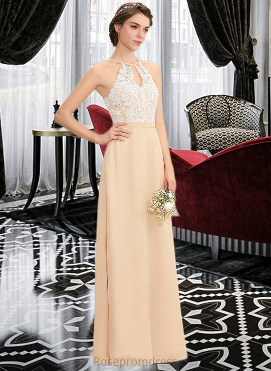 Nita A-Line Scoop Neck Floor-Length Chiffon Lace Bridesmaid Dress With Bow(s) SRSP0013259