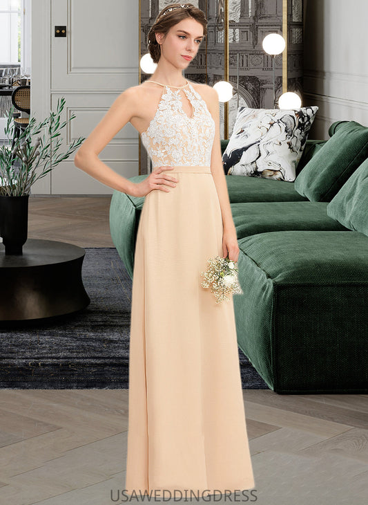 Lucia A-Line Scoop Neck Floor-Length Chiffon Lace Bridesmaid Dress With Bow(s) DSP0013259