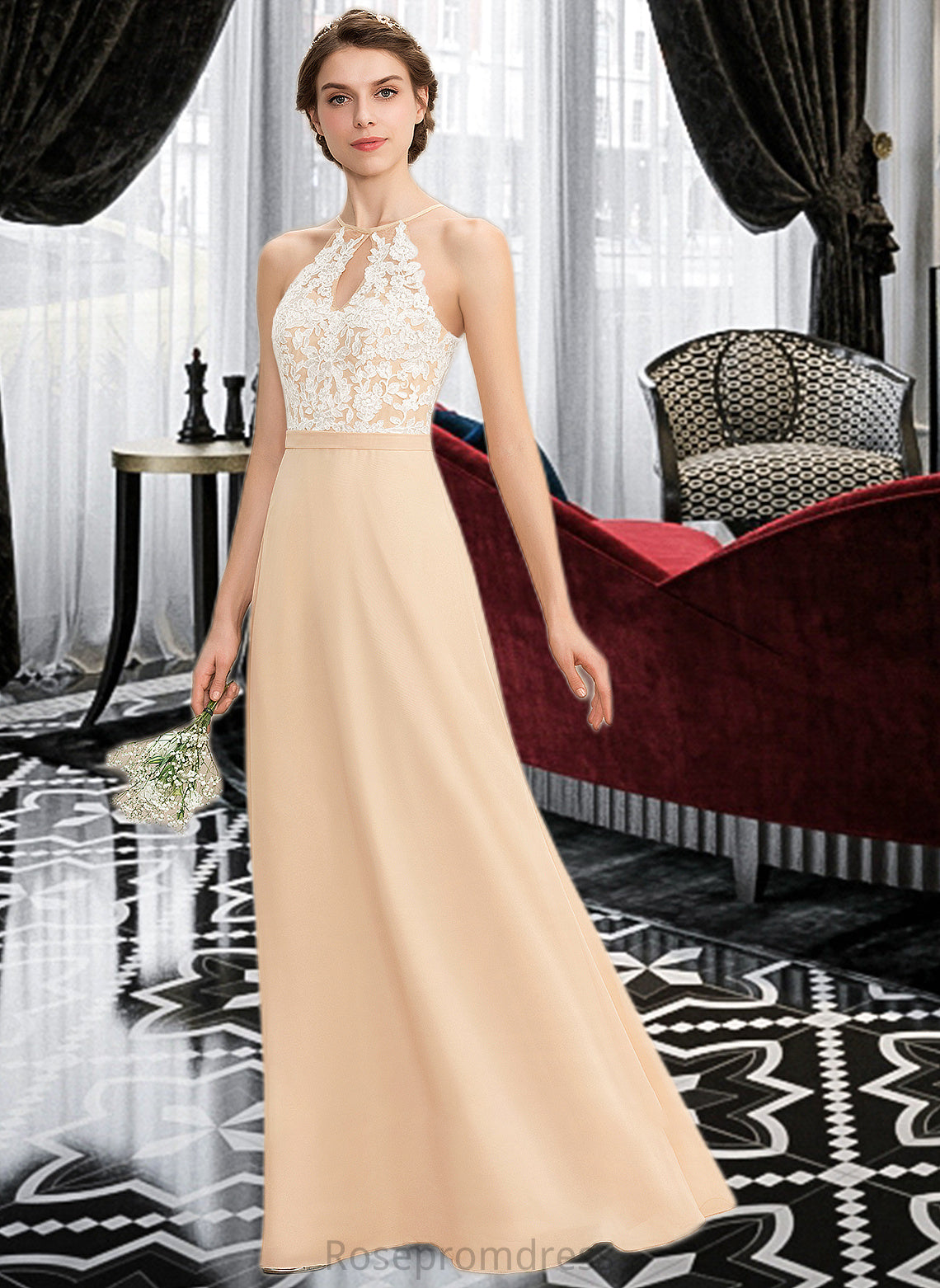 Nita A-Line Scoop Neck Floor-Length Chiffon Lace Bridesmaid Dress With Bow(s) SRSP0013259