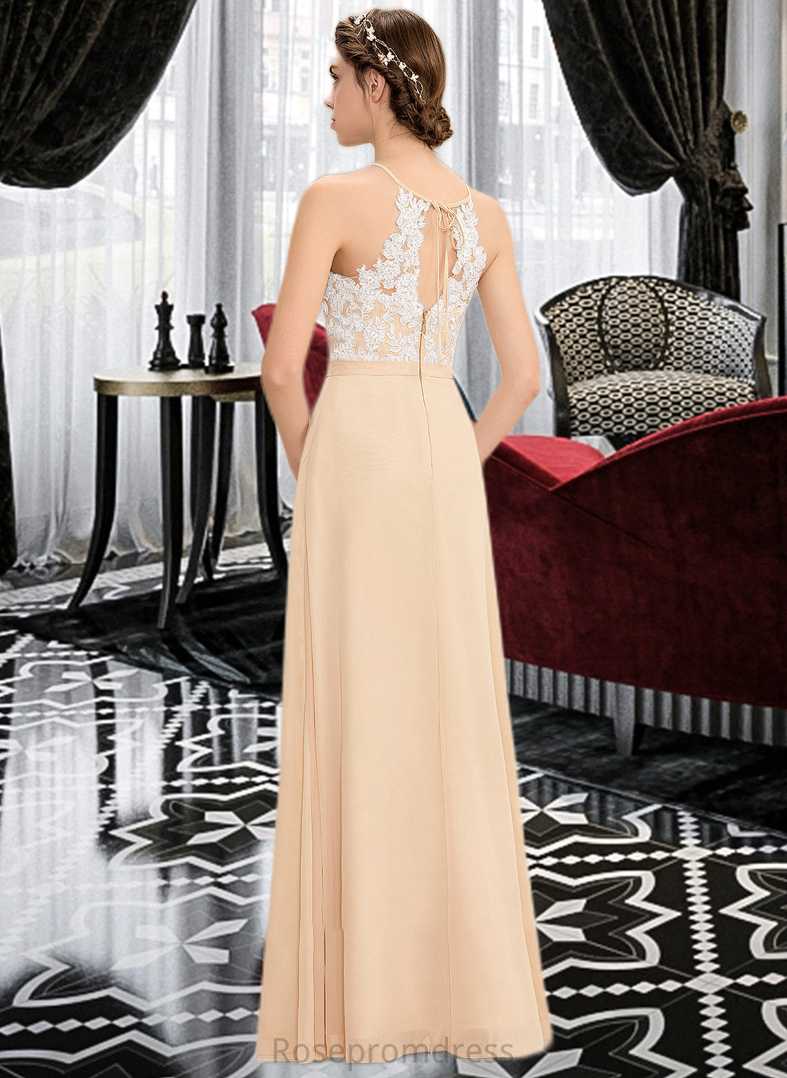 Nita A-Line Scoop Neck Floor-Length Chiffon Lace Bridesmaid Dress With Bow(s) SRSP0013259
