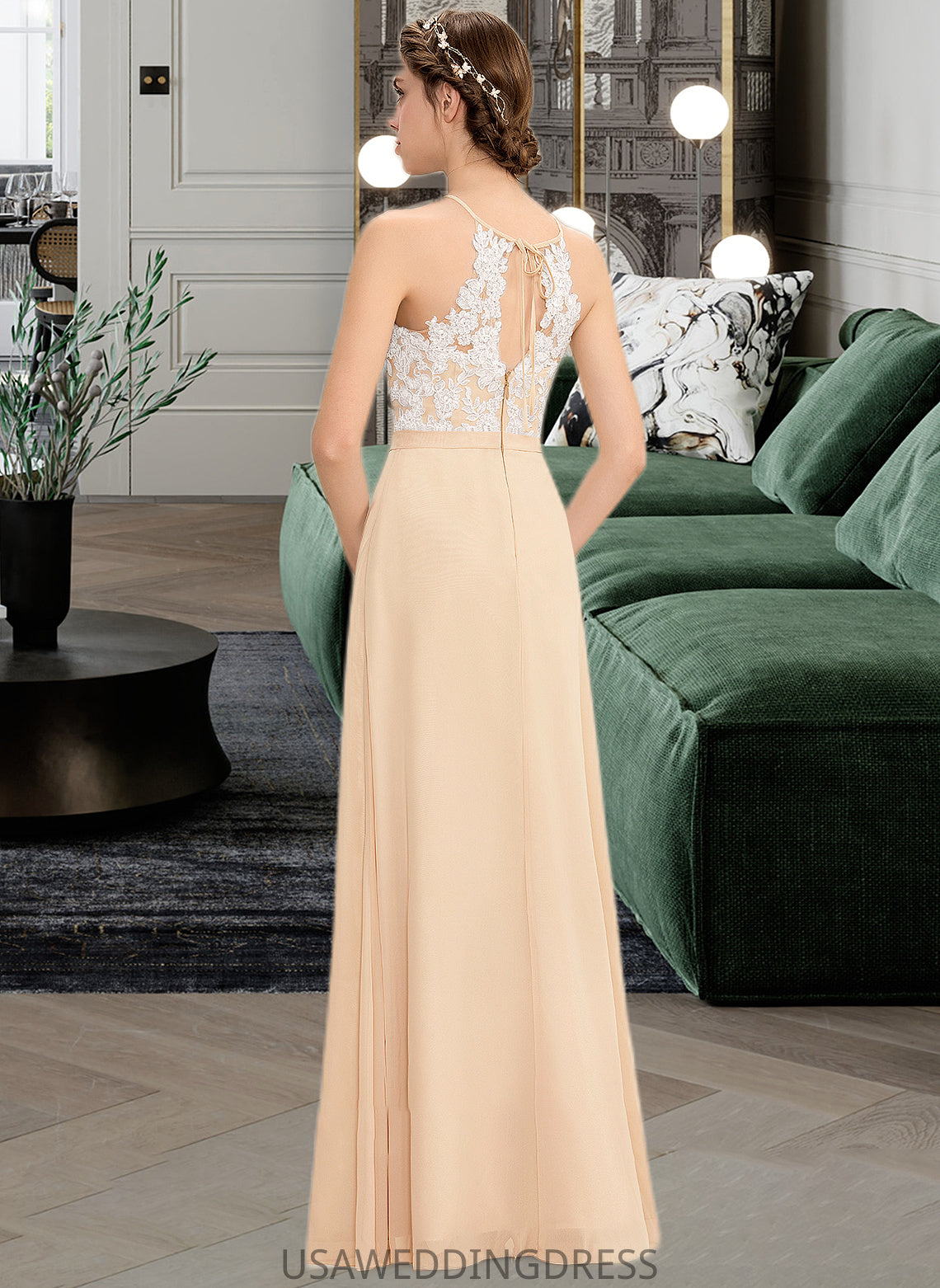 Lucia A-Line Scoop Neck Floor-Length Chiffon Lace Bridesmaid Dress With Bow(s) DSP0013259