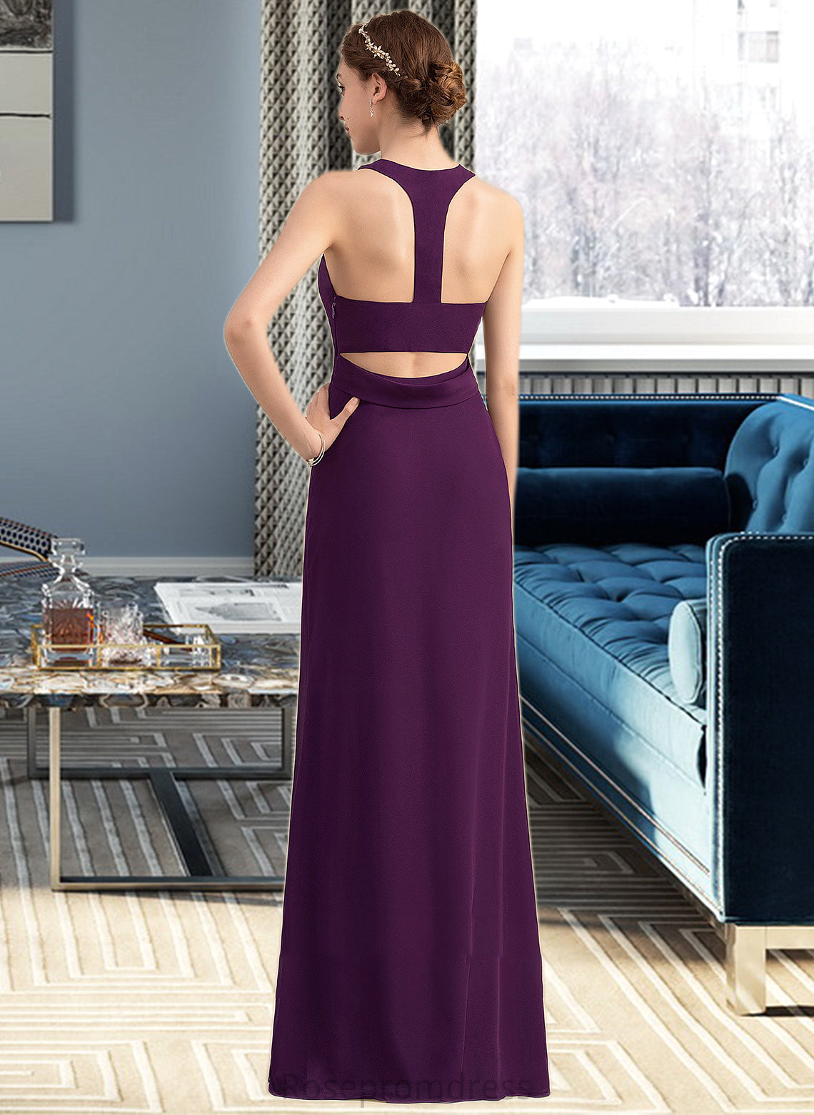 Viola A-Line Scoop Neck Floor-Length Chiffon Bridesmaid Dress With Split Front SRSP0013260