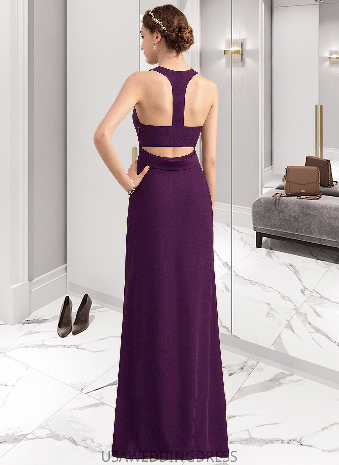 Kyra A-Line Scoop Neck Floor-Length Chiffon Bridesmaid Dress With Split Front DSP0013260