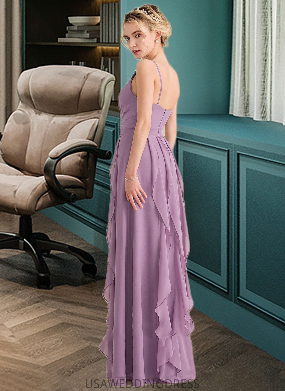 Jamie A-Line V-neck Floor-Length Chiffon Bridesmaid Dress With Cascading Ruffles DSP0013261