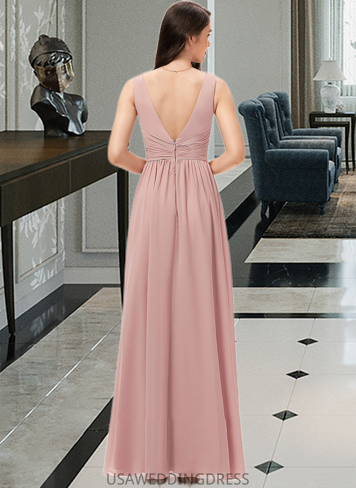 Lilith A-Line V-neck Floor-Length Chiffon Bridesmaid Dress With Ruffle DSP0013266