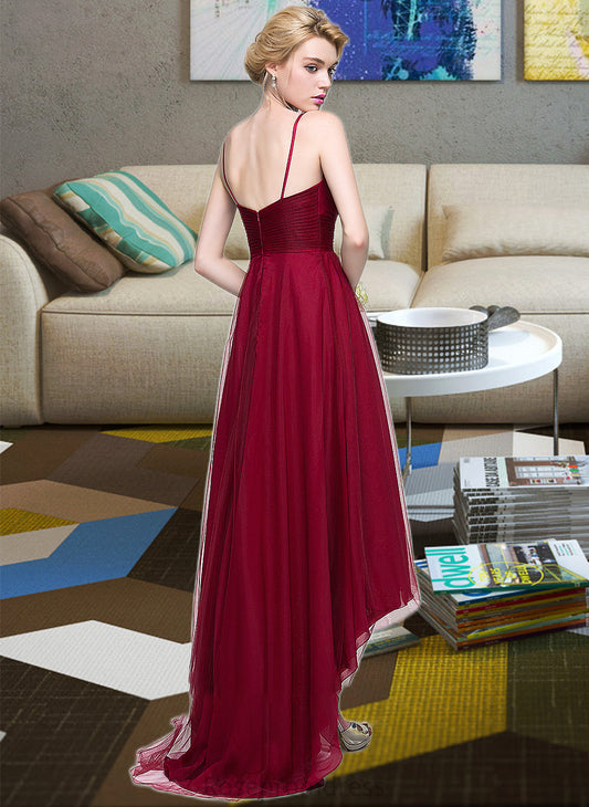 June A-Line V-neck Asymmetrical Tulle Bridesmaid Dress SRSP0013270