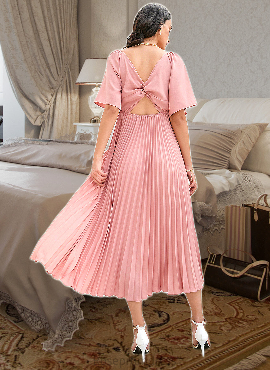 Danika A-LineV-neckTea-LengthBridesmaidDressWithPleated#273656 SRSP0013273