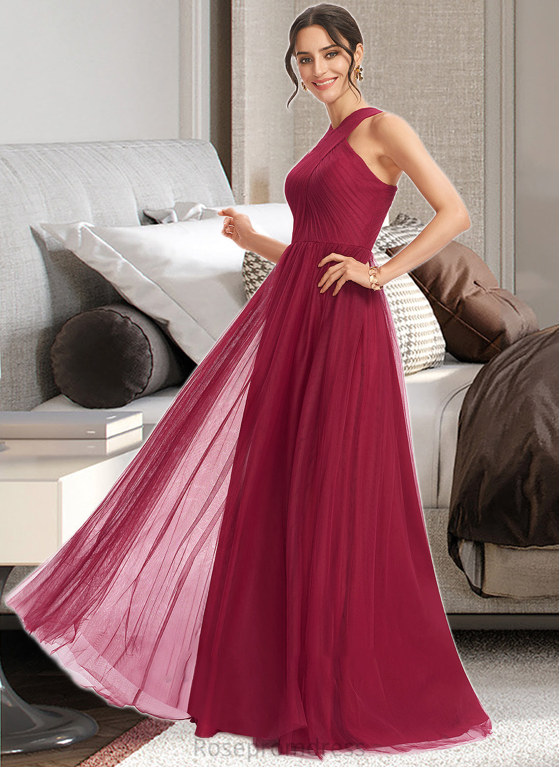 Juliet A-Line Halter Floor-Length Bridesmaid Dress With Ruffle SRSP0013274