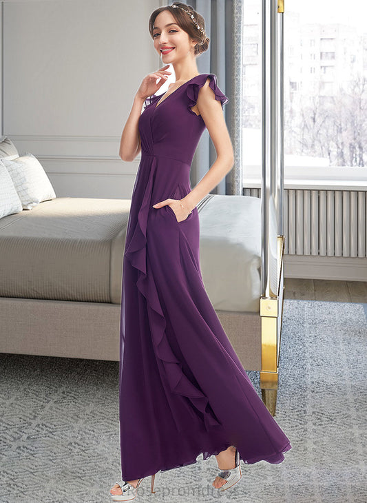 Amiah A-Line V-neck Floor-Length Bridesmaid Dress With Ruffle Pockets SRSP0013285