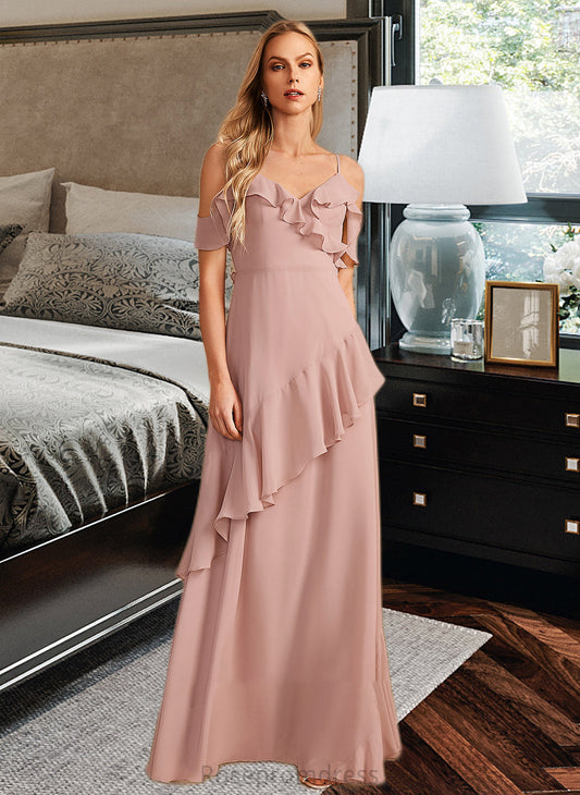 Rihanna A-Line V-neck Floor-Length Bridesmaid Dress With Ruffle SRSP0013289
