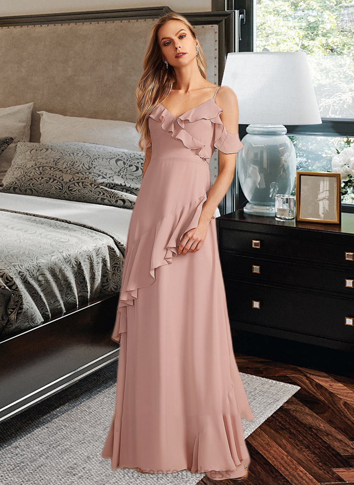 Rihanna A-Line V-neck Floor-Length Bridesmaid Dress With Ruffle SRSP0013289