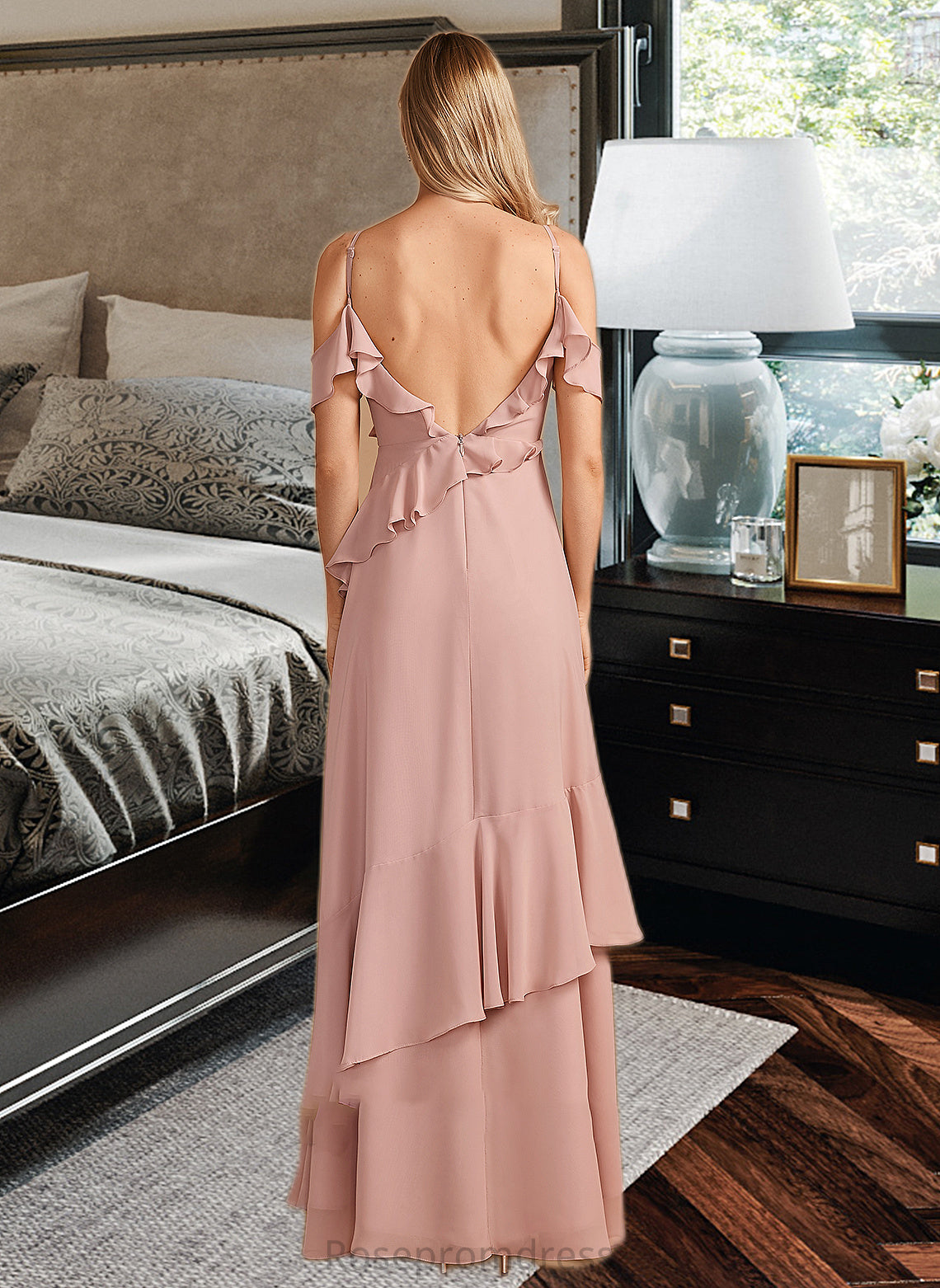 Rihanna A-Line V-neck Floor-Length Bridesmaid Dress With Ruffle SRSP0013289