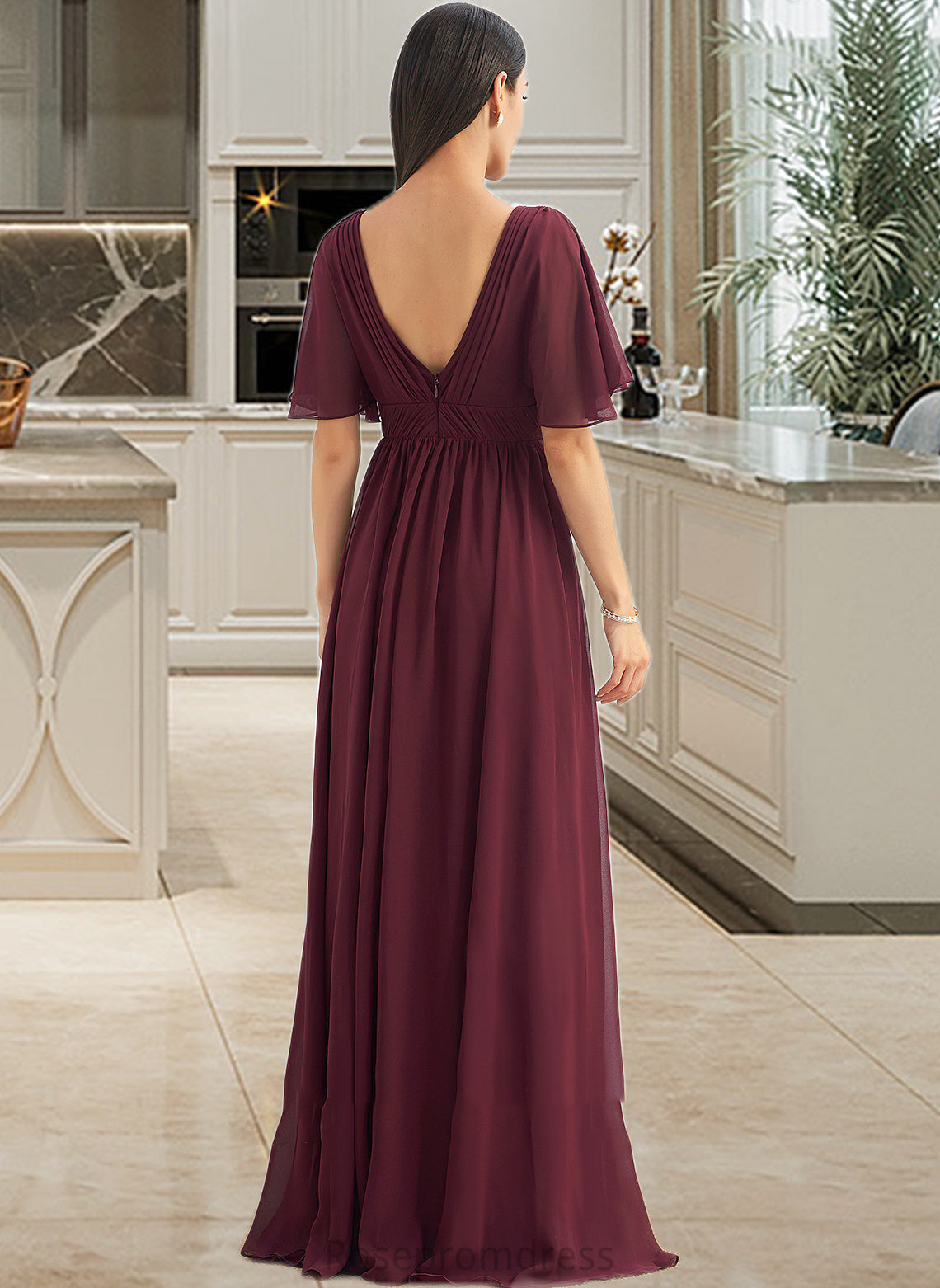 Mareli A-Line V-neck Floor-Length Bridesmaid Dress With Ruffle SRSP0013292