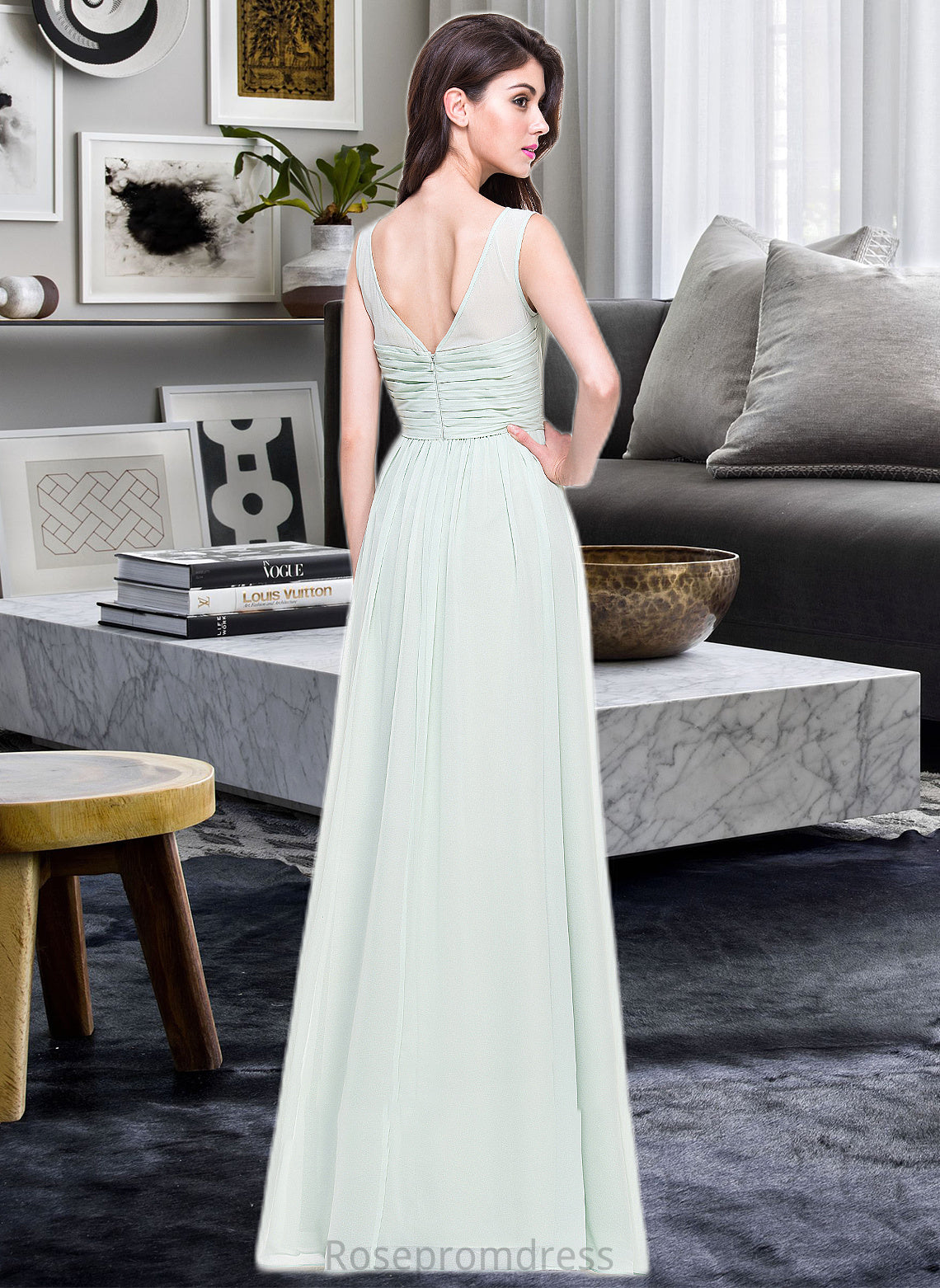 Damaris A-Line Scoop Neck Floor-Length Chiffon Bridesmaid Dress With Ruffle SRSP0013296