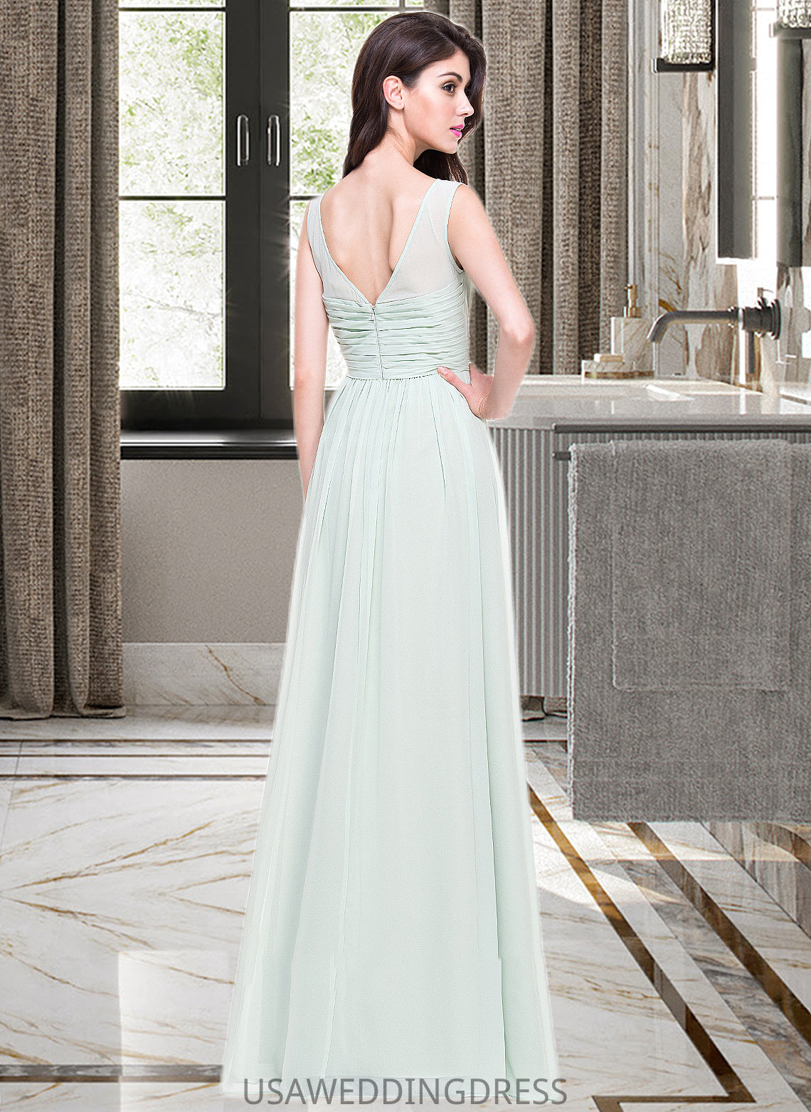 Jamya A-Line Scoop Neck Floor-Length Chiffon Bridesmaid Dress With Ruffle DSP0013296