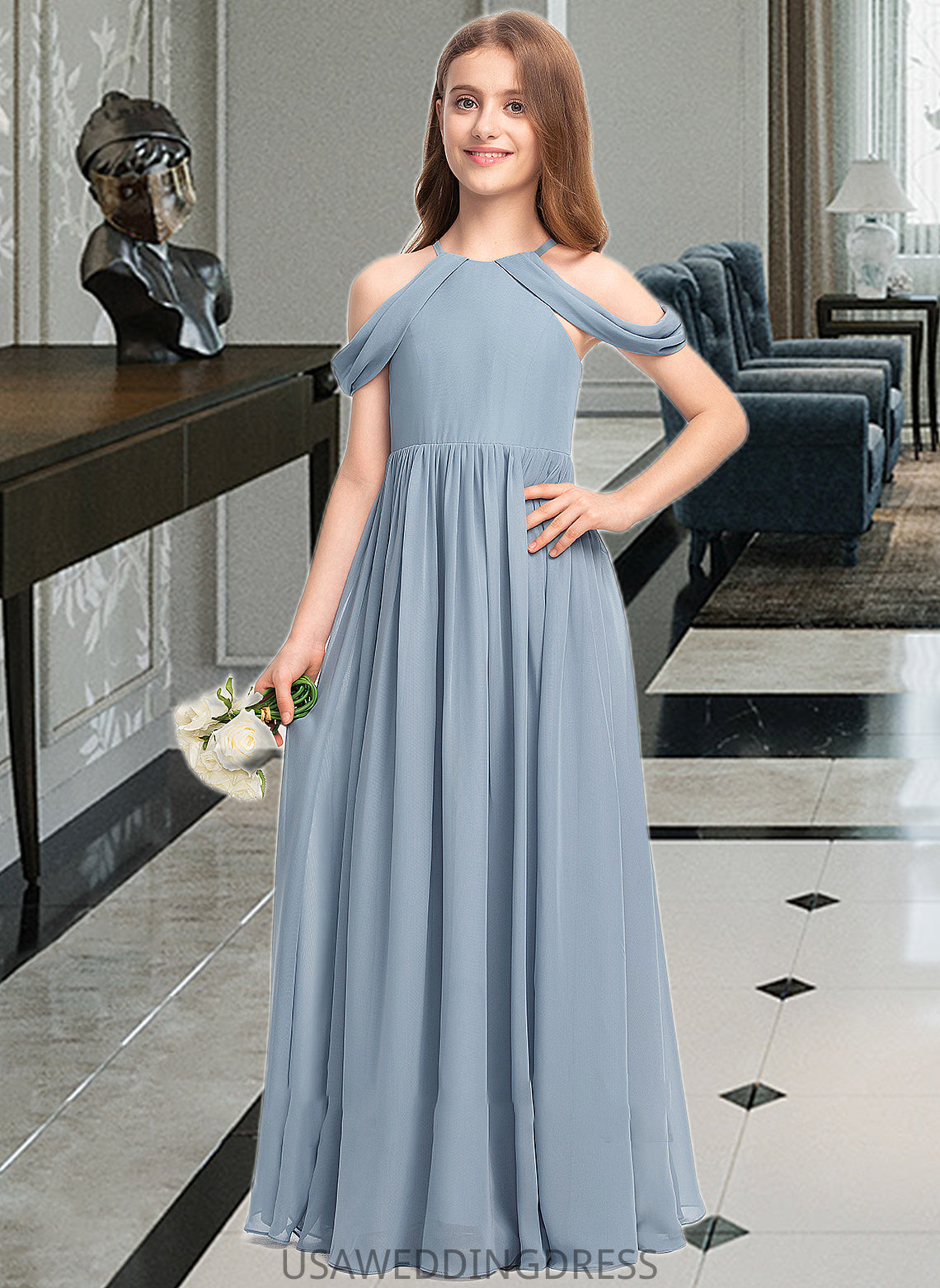 Tanya A-Line Scoop Neck Floor-Length Chiffon Junior Bridesmaid Dress With Ruffle DSP0013302