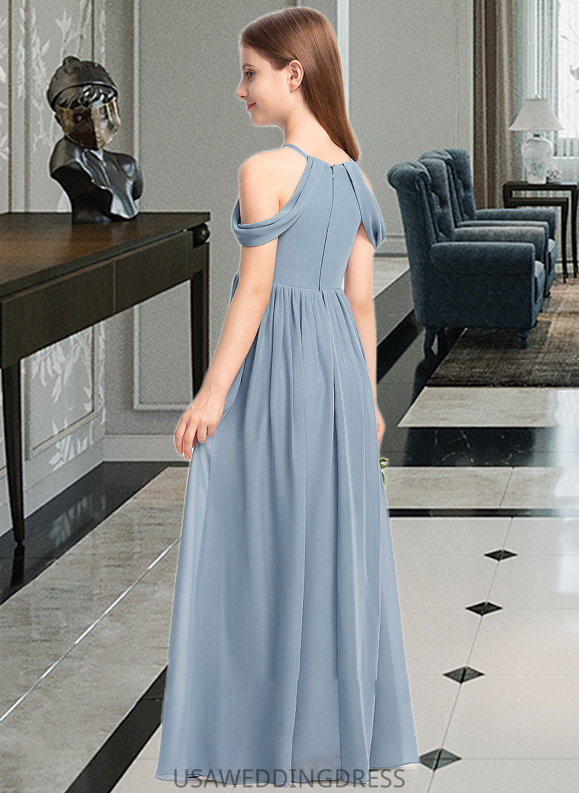 Tanya A-Line Scoop Neck Floor-Length Chiffon Junior Bridesmaid Dress With Ruffle DSP0013302