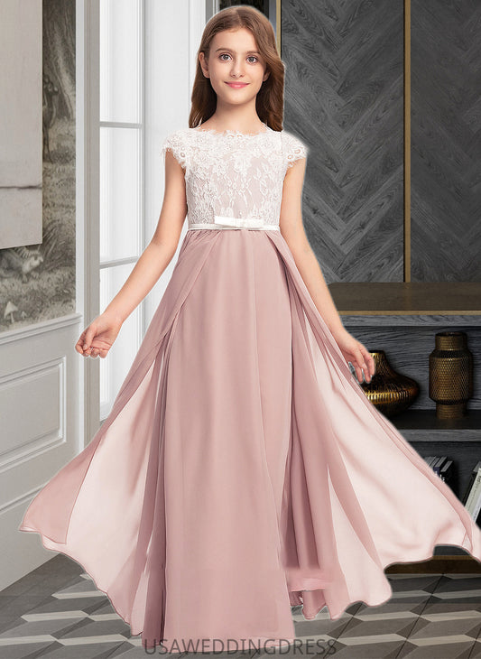 Aubree A-Line Scoop Neck Floor-Length Chiffon Lace Junior Bridesmaid Dress With Bow(s) DSP0013305