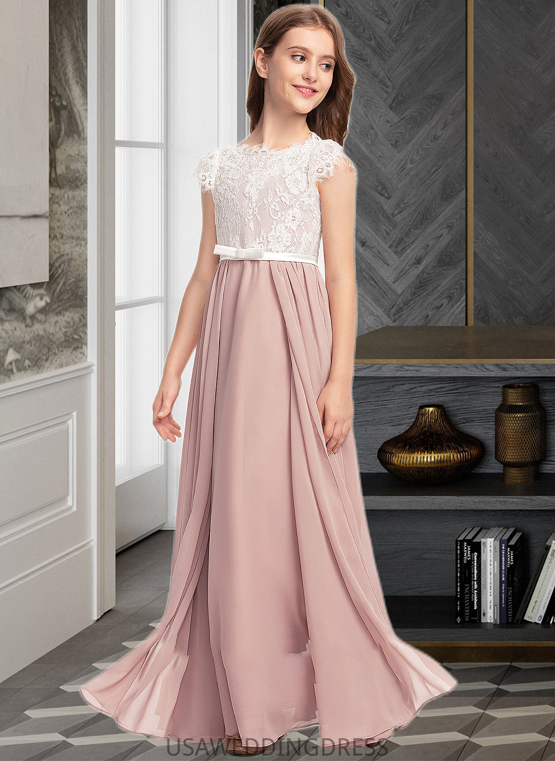 Aubree A-Line Scoop Neck Floor-Length Chiffon Lace Junior Bridesmaid Dress With Bow(s) DSP0013305