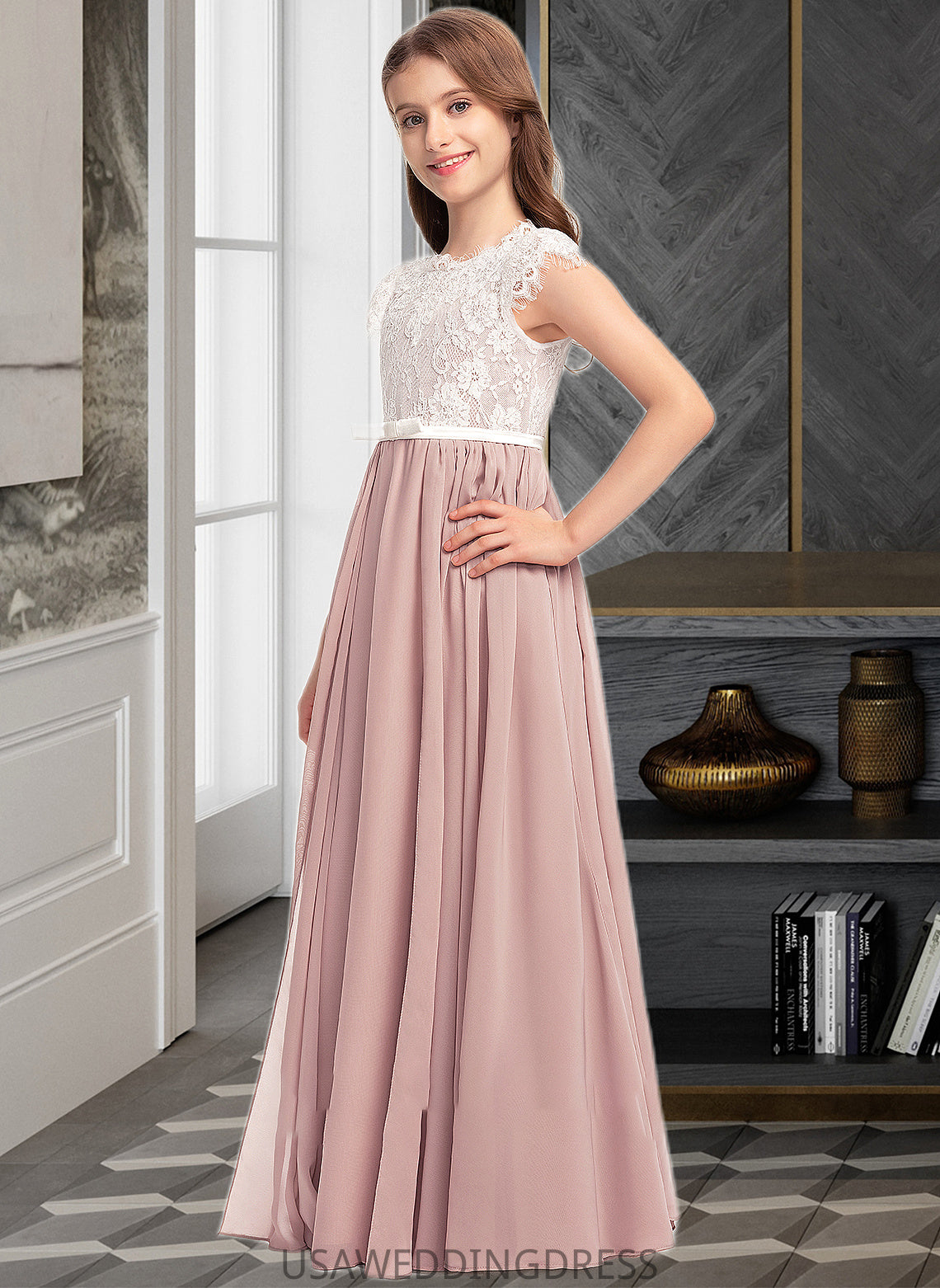 Aubree A-Line Scoop Neck Floor-Length Chiffon Lace Junior Bridesmaid Dress With Bow(s) DSP0013305