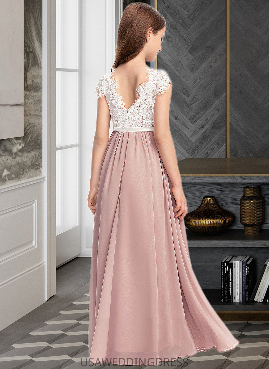 Aubree A-Line Scoop Neck Floor-Length Chiffon Lace Junior Bridesmaid Dress With Bow(s) DSP0013305