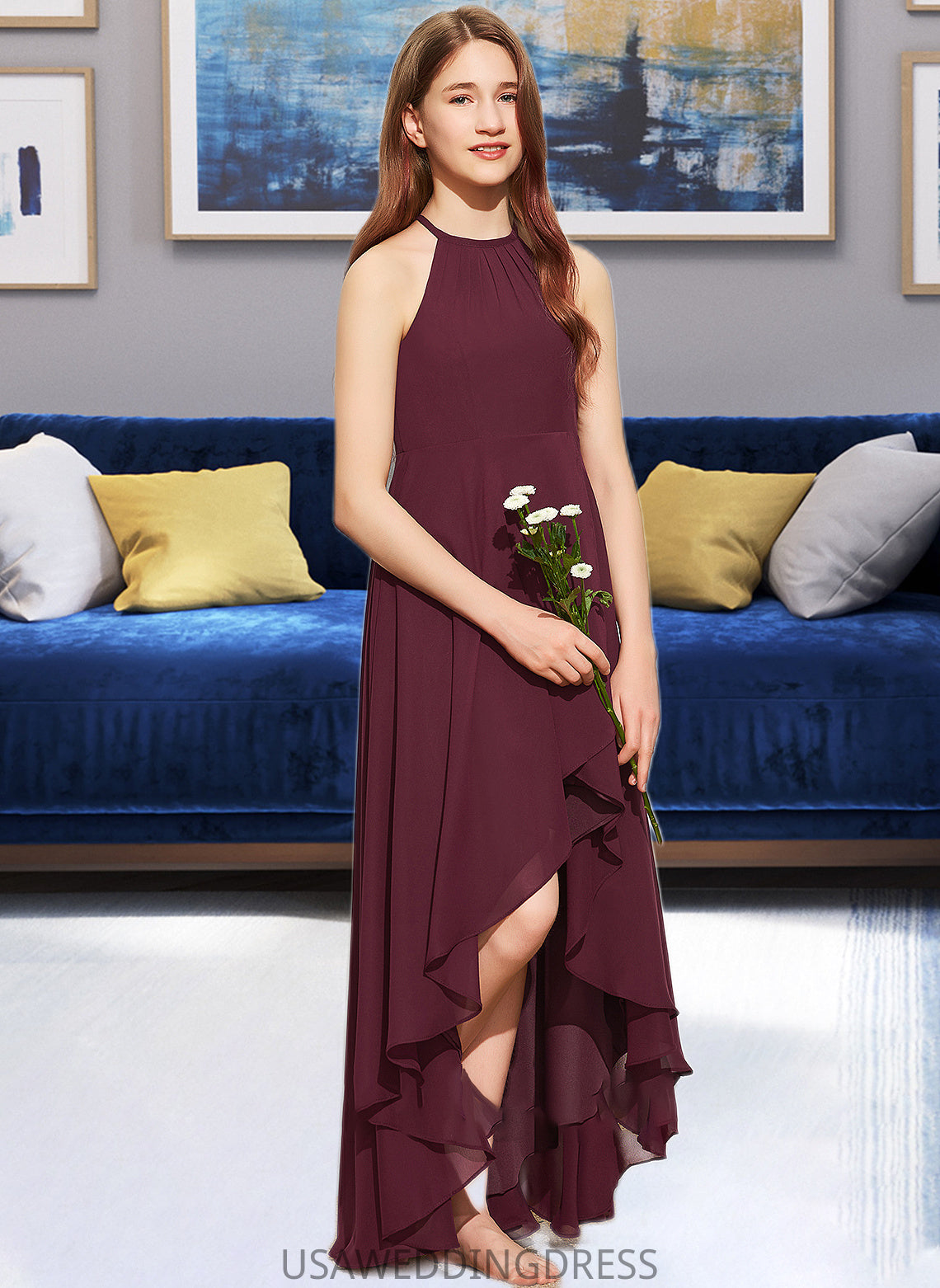 Yazmin A-Line Scoop Neck Asymmetrical Chiffon Junior Bridesmaid Dress With Ruffle DSP0013306