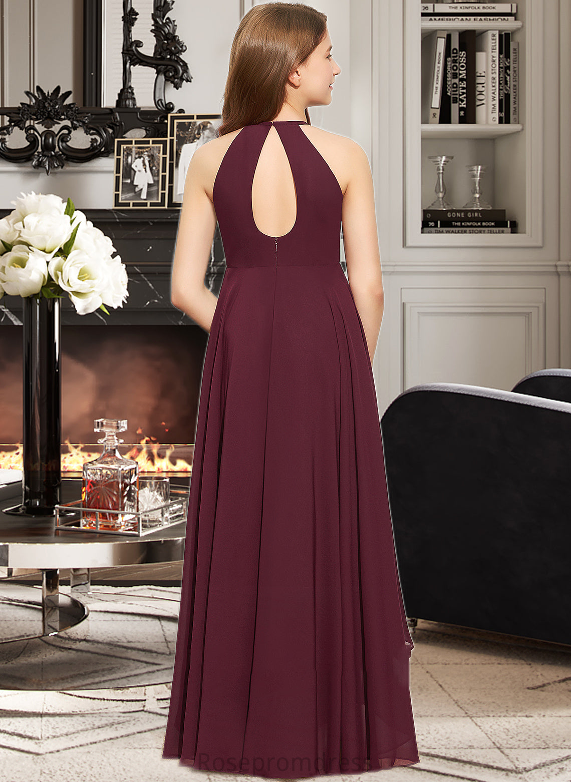 Lilia A-Line Scoop Neck Asymmetrical Chiffon Junior Bridesmaid Dress With Ruffle SRSP0013306
