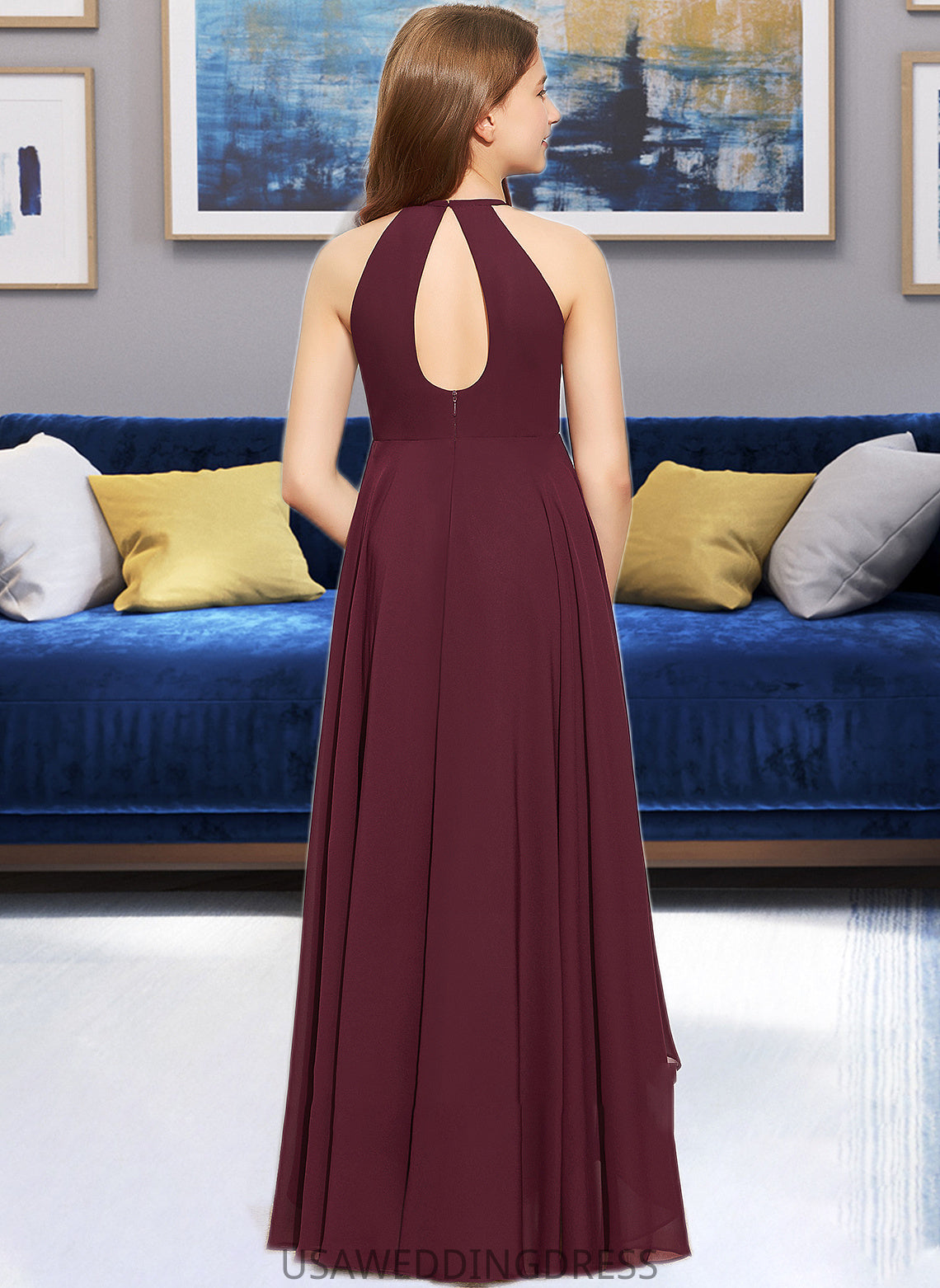 Yazmin A-Line Scoop Neck Asymmetrical Chiffon Junior Bridesmaid Dress With Ruffle DSP0013306
