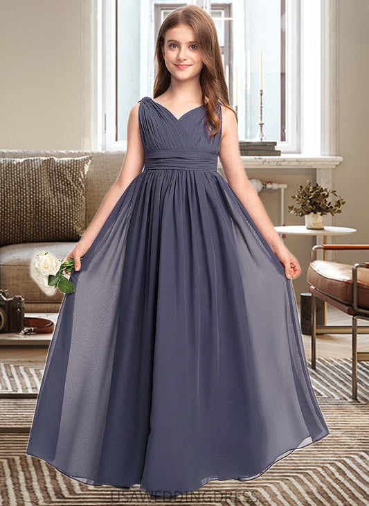 Sanai A-Line V-neck Floor-Length Chiffon Junior Bridesmaid Dress With Ruffle DSP0013307
