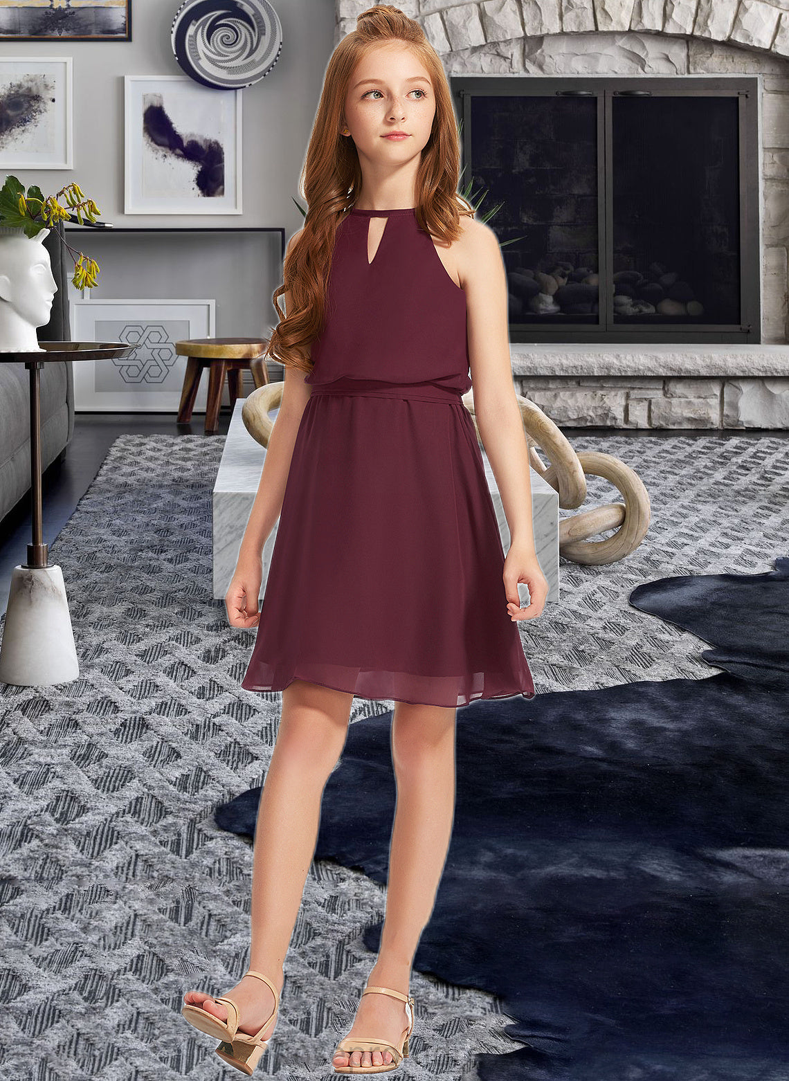 Louise A-Line Scoop Neck Knee-Length Chiffon Junior Bridesmaid Dress With Bow(s) SRSP0013308