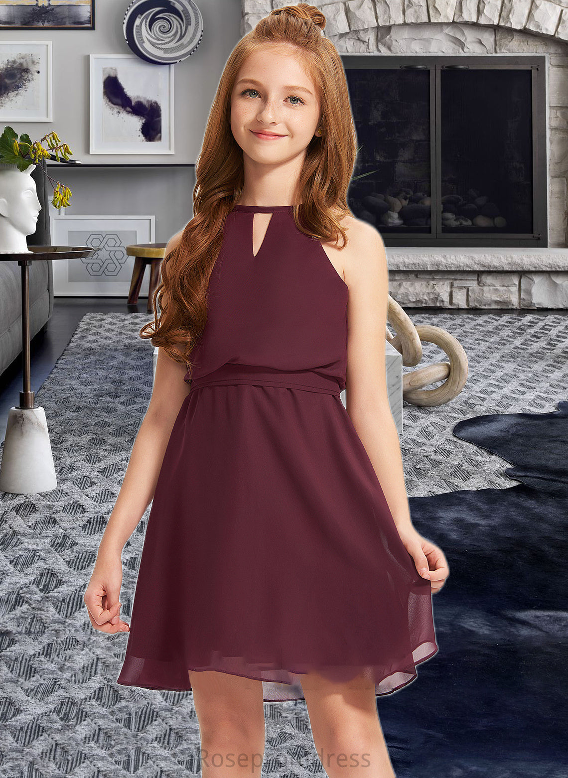Louise A-Line Scoop Neck Knee-Length Chiffon Junior Bridesmaid Dress With Bow(s) SRSP0013308