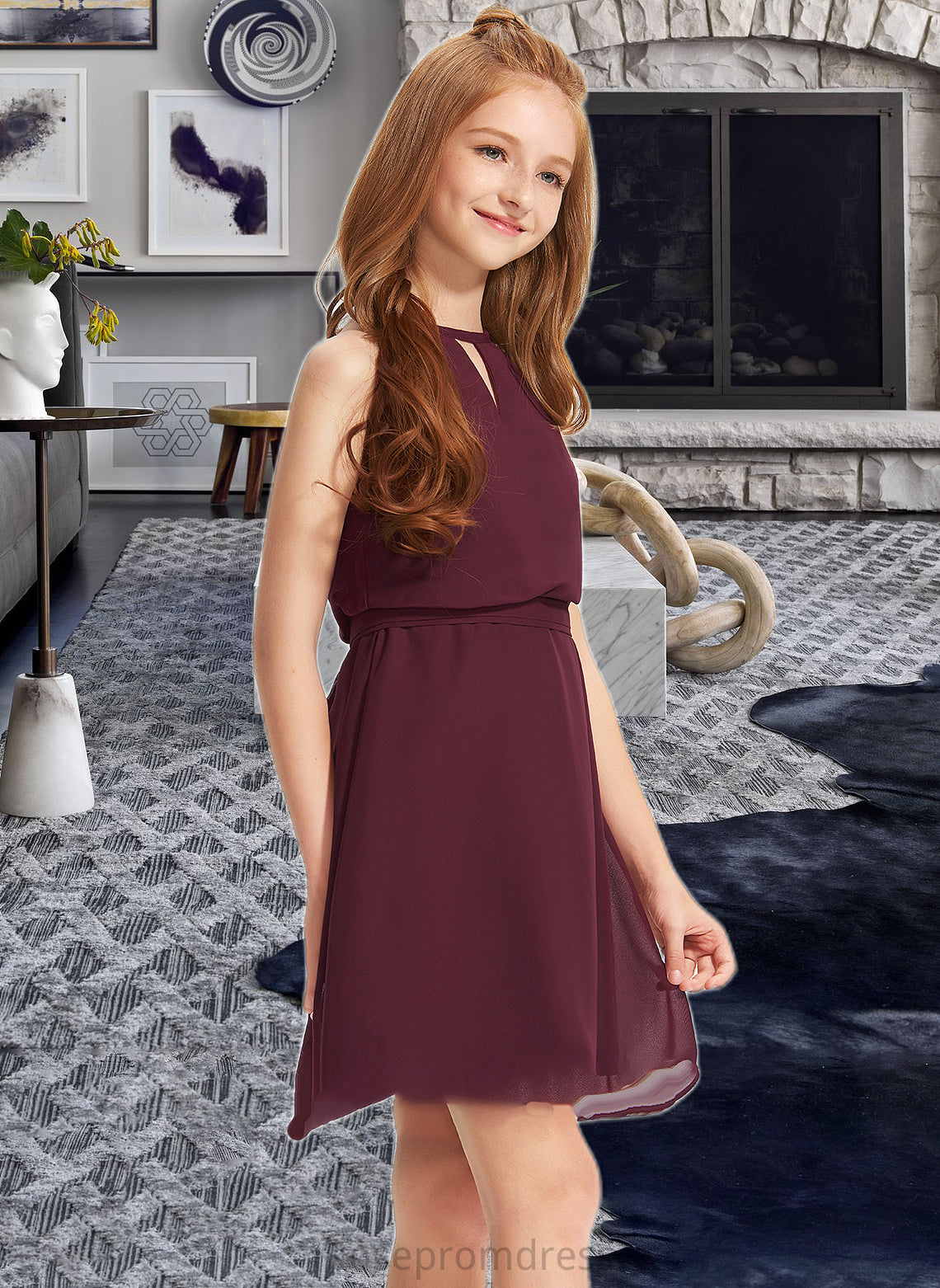 Louise A-Line Scoop Neck Knee-Length Chiffon Junior Bridesmaid Dress With Bow(s) SRSP0013308