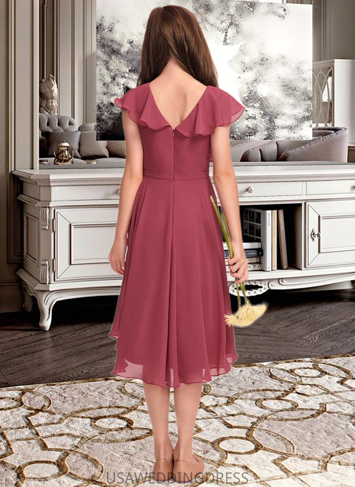 Brenna A-Line V-neck Asymmetrical Chiffon Junior Bridesmaid Dress With Cascading Ruffles DSP0013309