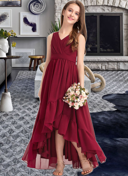 Tamara A-Line V-neck Asymmetrical Chiffon Junior Bridesmaid Dress With Bow(s) Cascading Ruffles SRSP0013310