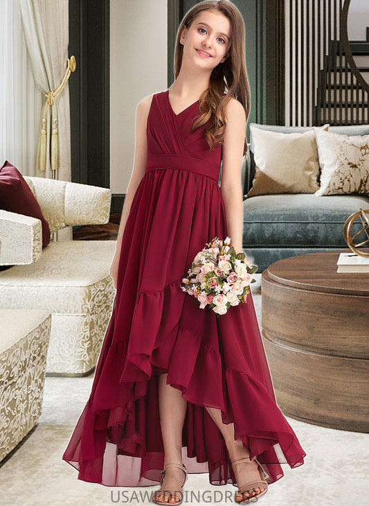 Dayanara A-Line V-neck Asymmetrical Chiffon Junior Bridesmaid Dress With Bow(s) Cascading Ruffles DSP0013310