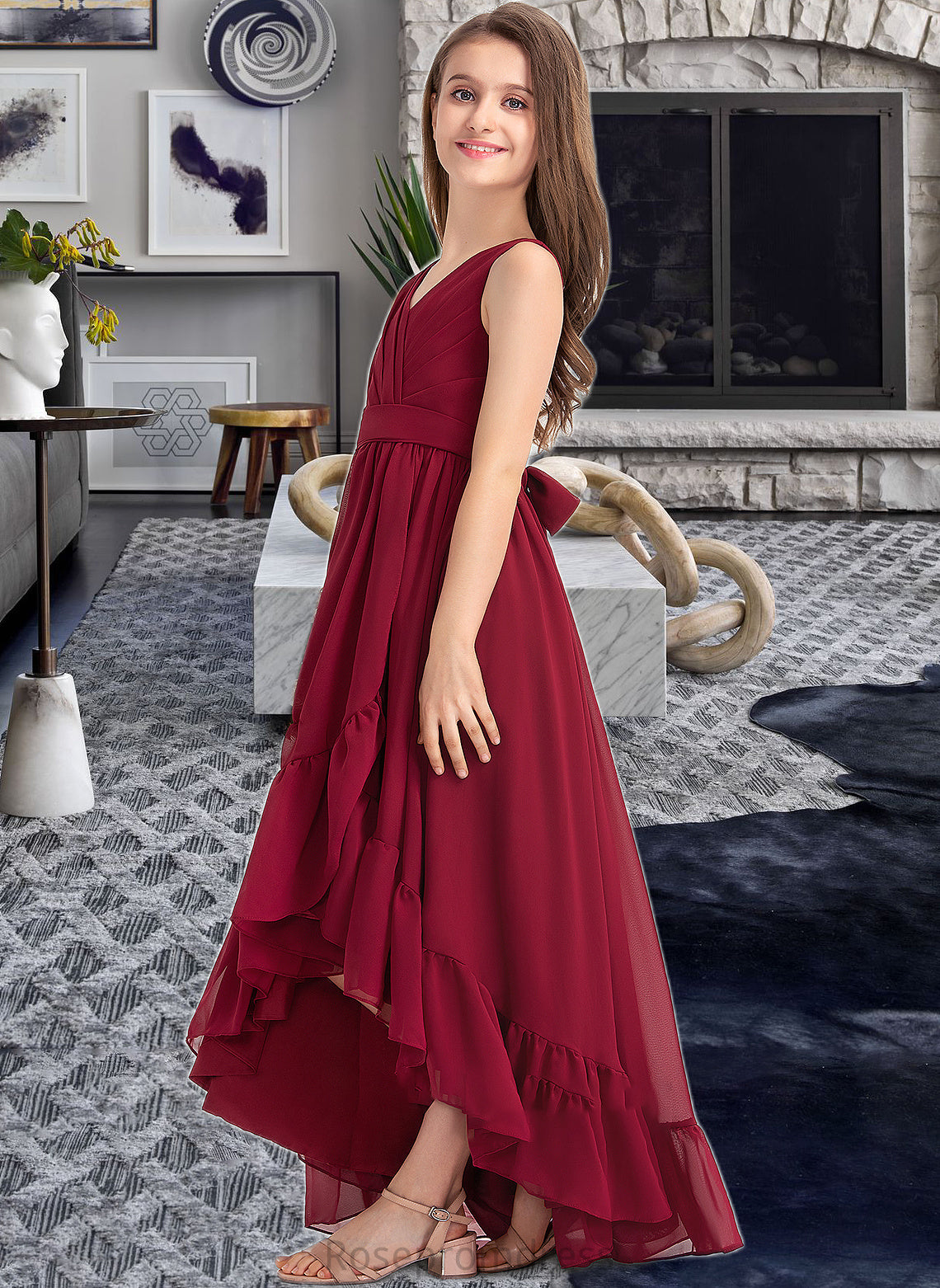 Tamara A-Line V-neck Asymmetrical Chiffon Junior Bridesmaid Dress With Bow(s) Cascading Ruffles SRSP0013310