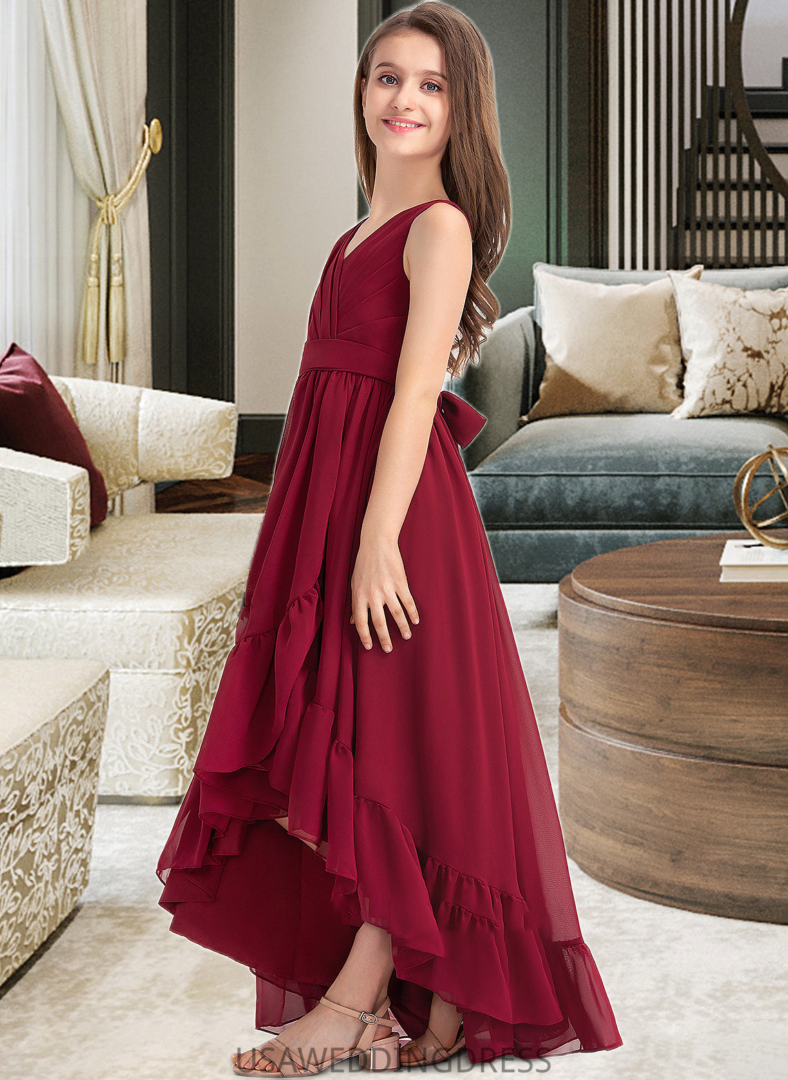 Dayanara A-Line V-neck Asymmetrical Chiffon Junior Bridesmaid Dress With Bow(s) Cascading Ruffles DSP0013310