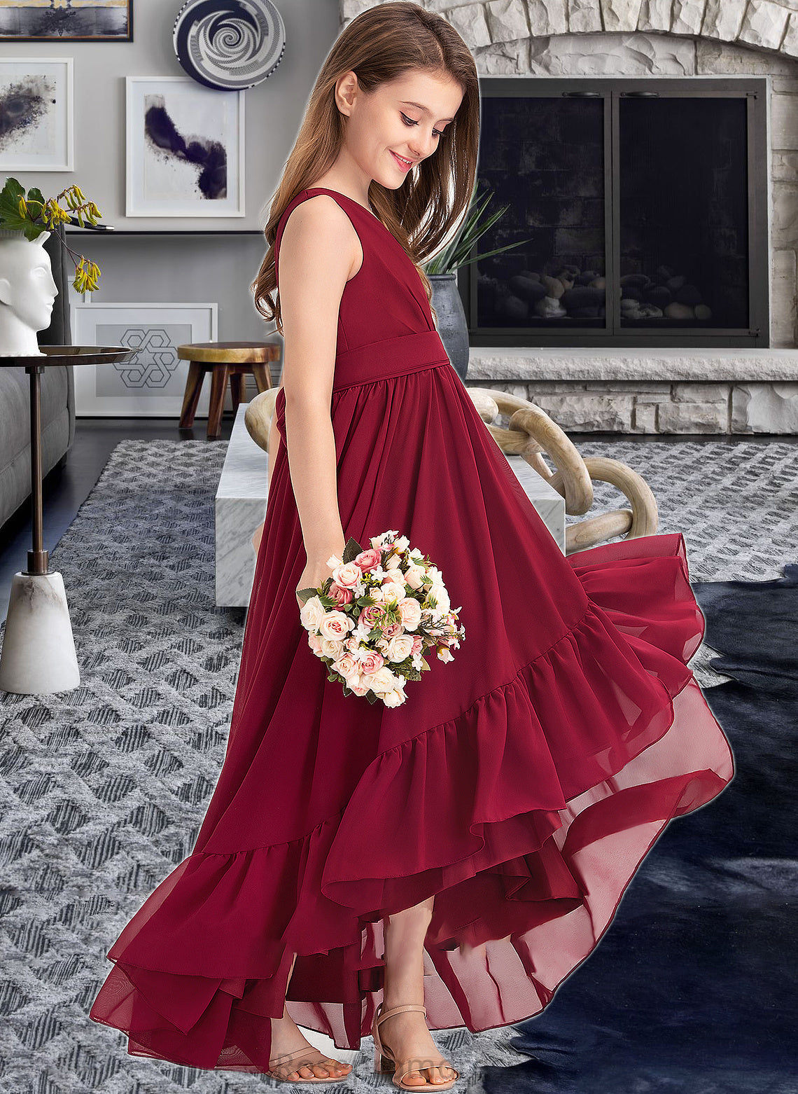 Tamara A-Line V-neck Asymmetrical Chiffon Junior Bridesmaid Dress With Bow(s) Cascading Ruffles SRSP0013310