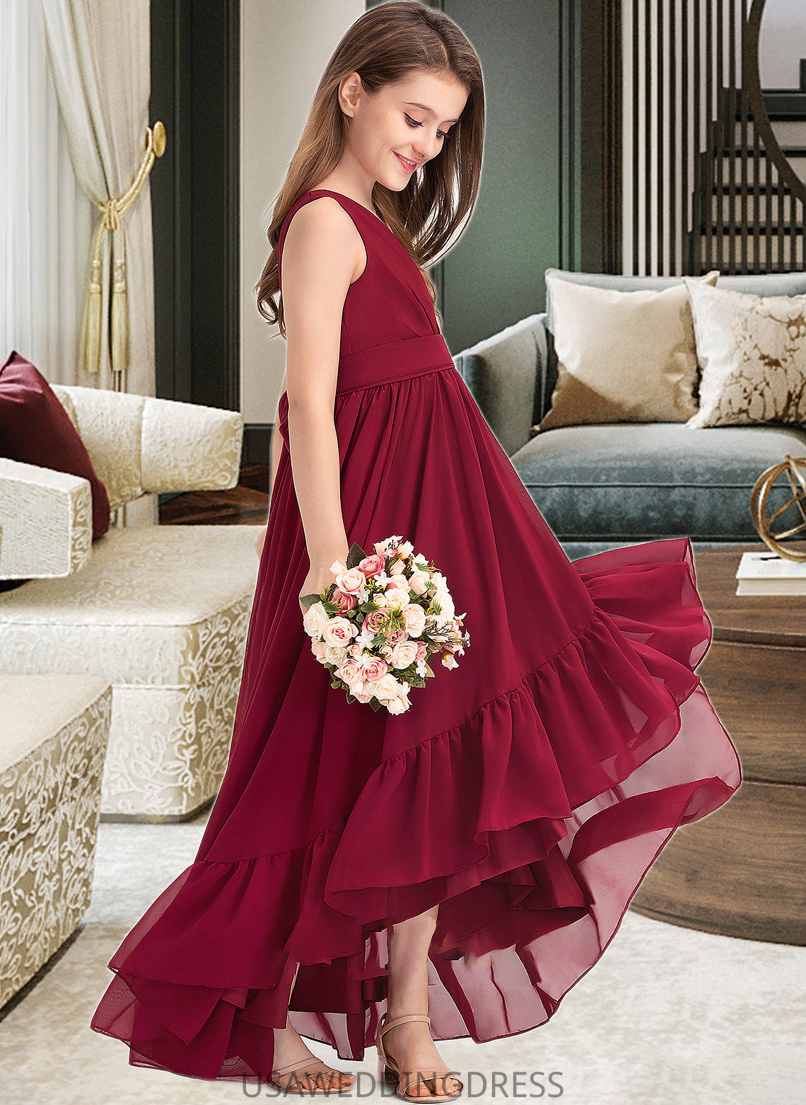 Dayanara A-Line V-neck Asymmetrical Chiffon Junior Bridesmaid Dress With Bow(s) Cascading Ruffles DSP0013310