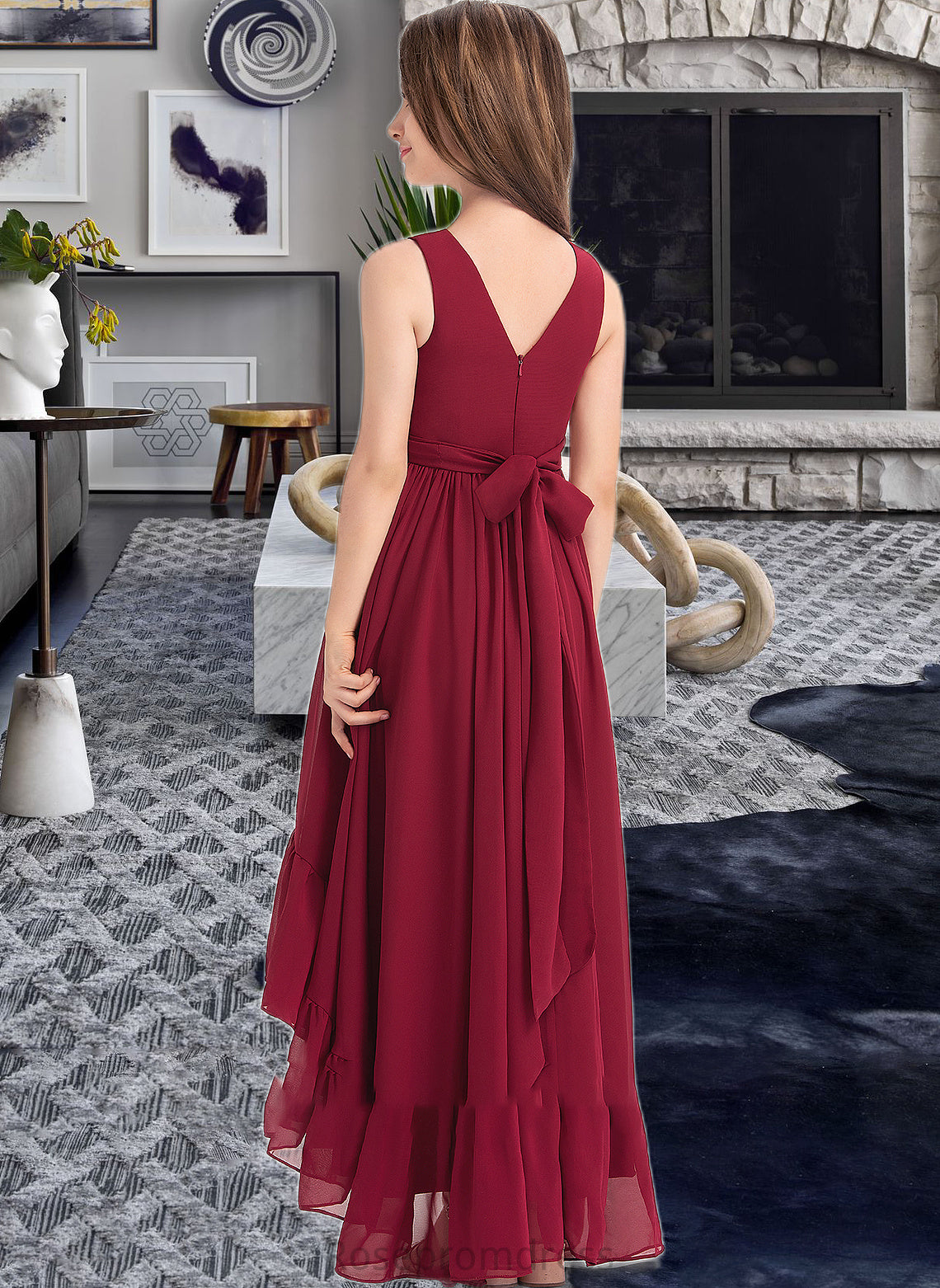 Tamara A-Line V-neck Asymmetrical Chiffon Junior Bridesmaid Dress With Bow(s) Cascading Ruffles SRSP0013310