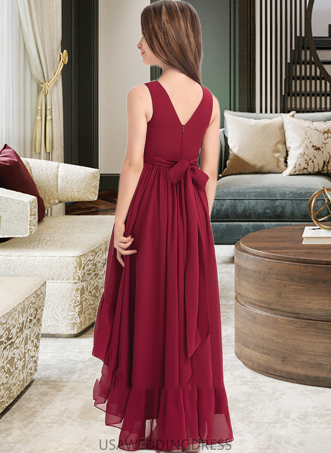 Dayanara A-Line V-neck Asymmetrical Chiffon Junior Bridesmaid Dress With Bow(s) Cascading Ruffles DSP0013310