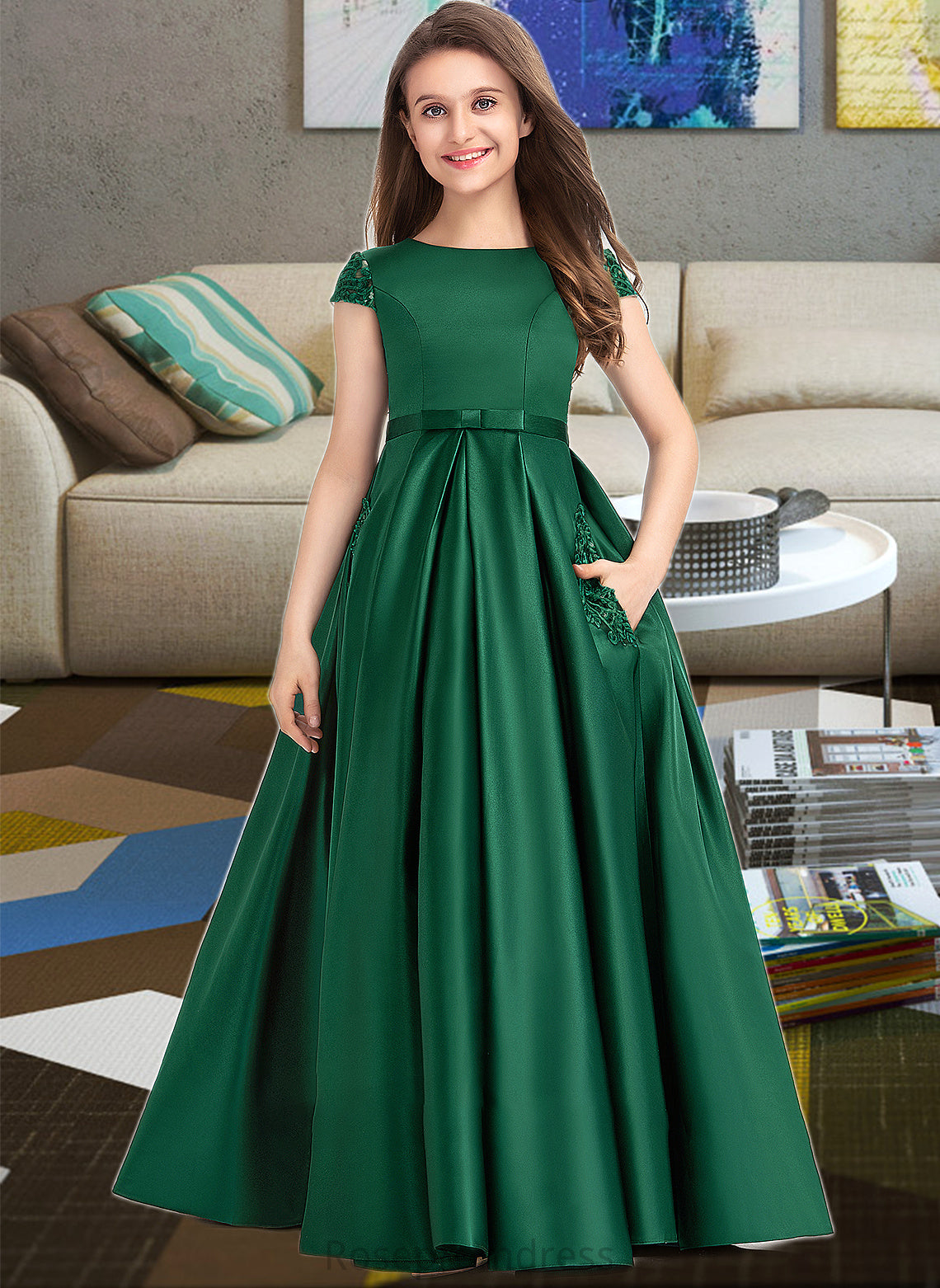 Martha Ball-Gown/Princess Scoop Neck Floor-Length Satin Lace Junior Bridesmaid Dress With Bow(s) Pockets SRSP0013311