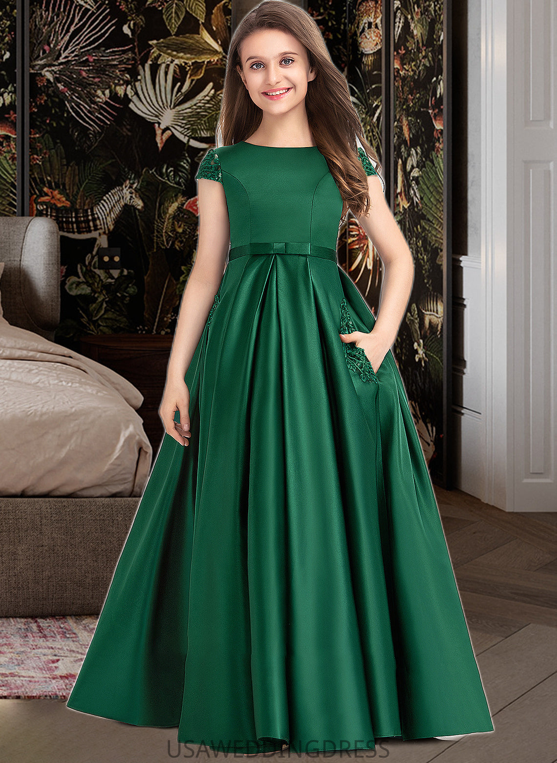 Nathalia Ball-Gown/Princess Scoop Neck Floor-Length Satin Lace Junior Bridesmaid Dress With Bow(s) Pockets DSP0013311