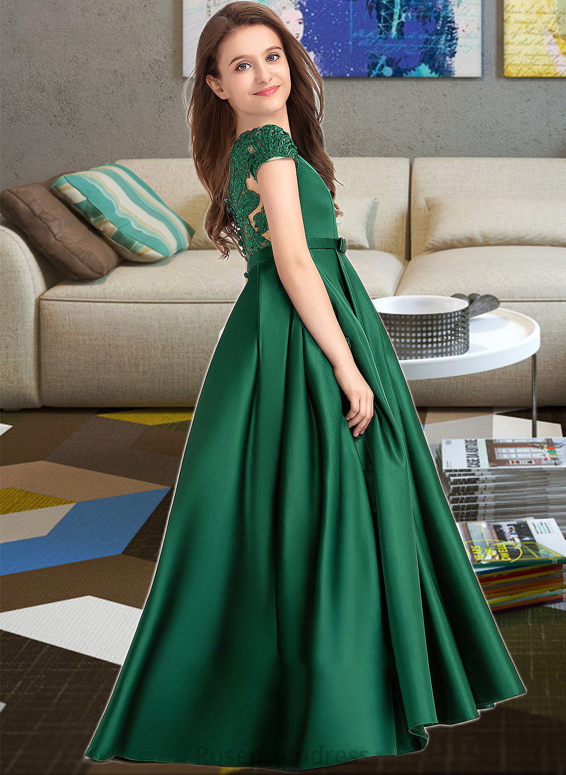 Martha Ball-Gown/Princess Scoop Neck Floor-Length Satin Lace Junior Bridesmaid Dress With Bow(s) Pockets SRSP0013311